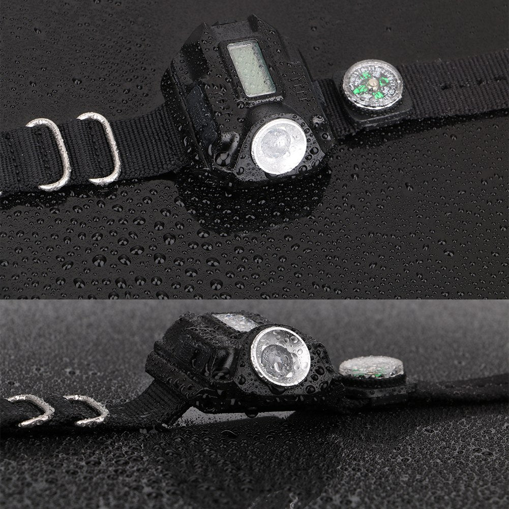 Reloj LED linterna linterna luz portátil carga USB 4 modos luz linterna táctica pantalla de tiempo con brújula